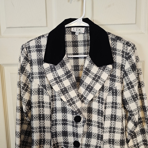 Vintage Tweed Knit Plaid Velvet Checkered Button Down Peplum Blazor Skirt Set - Picture 12 of 16